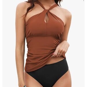 Zaful Halter Tankini Swimsuit Set Brown Black Criss Cross Tie Back